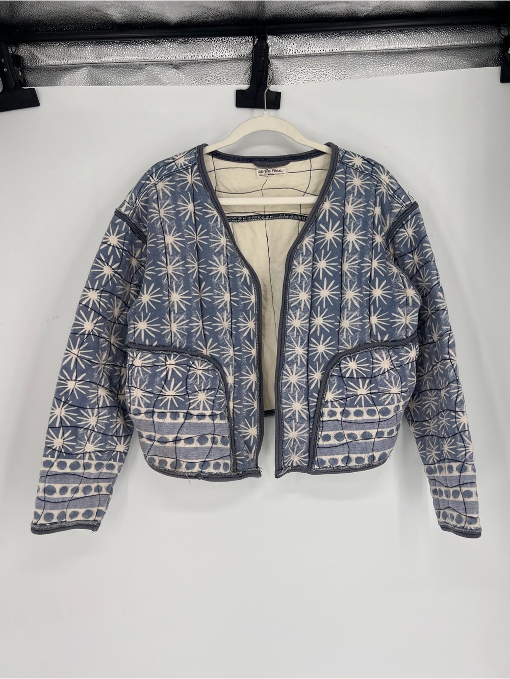Free People Blue Starburst Pattern Open Quilted Bohemian Cropped Jacket S - Picture 1 of 7
